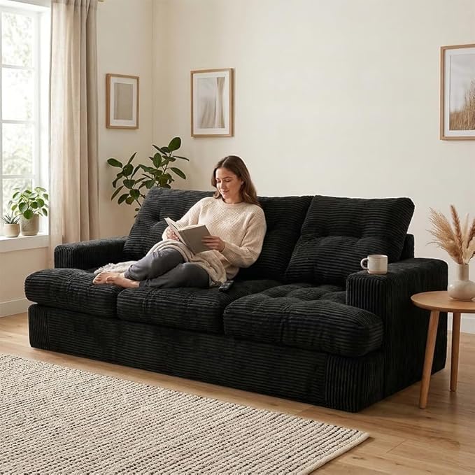 85" Corduroy 3 Seater Sofa in a Box, High-Density Foam Couch, No Assembly