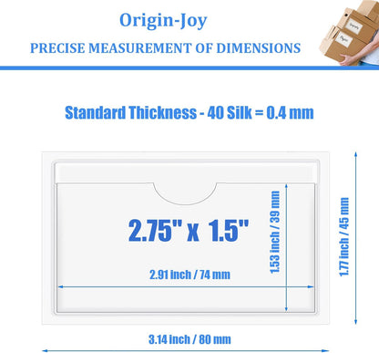 Origin-Joy 35 PCS Self Adhesive Index Card Pockets with Top Open, Clear Plastic Label Holder for Notes, Library and Business, Adhesive Label Pockets & Holder (2.75 x 1.5 inch)