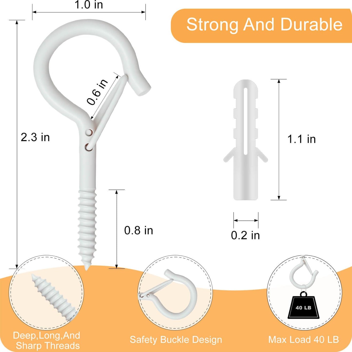 KULOLO Black Screw Hooks with Safety Lock 2.3" Rustproof Metal Ceiling Hooks for Hanging Plants, Baskets,String Lights & Outdoor Decor, 40LB Capacity (30, White)