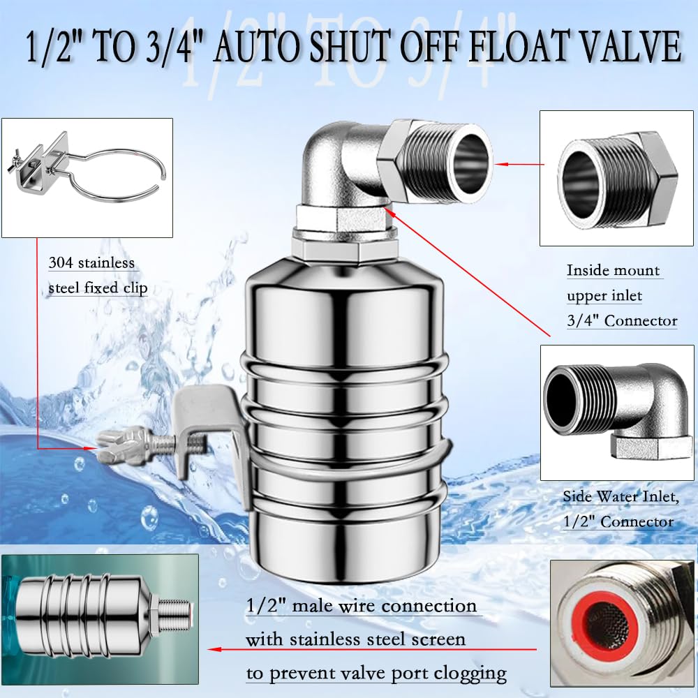 2PCS Float Valve,1/2" to 3/4'' water level control float valve, 304 Stainless Steel Fully Automatic water shut off valve, Automatic Water Level Controller for Water Tank, Pool, Livestock Troughs.