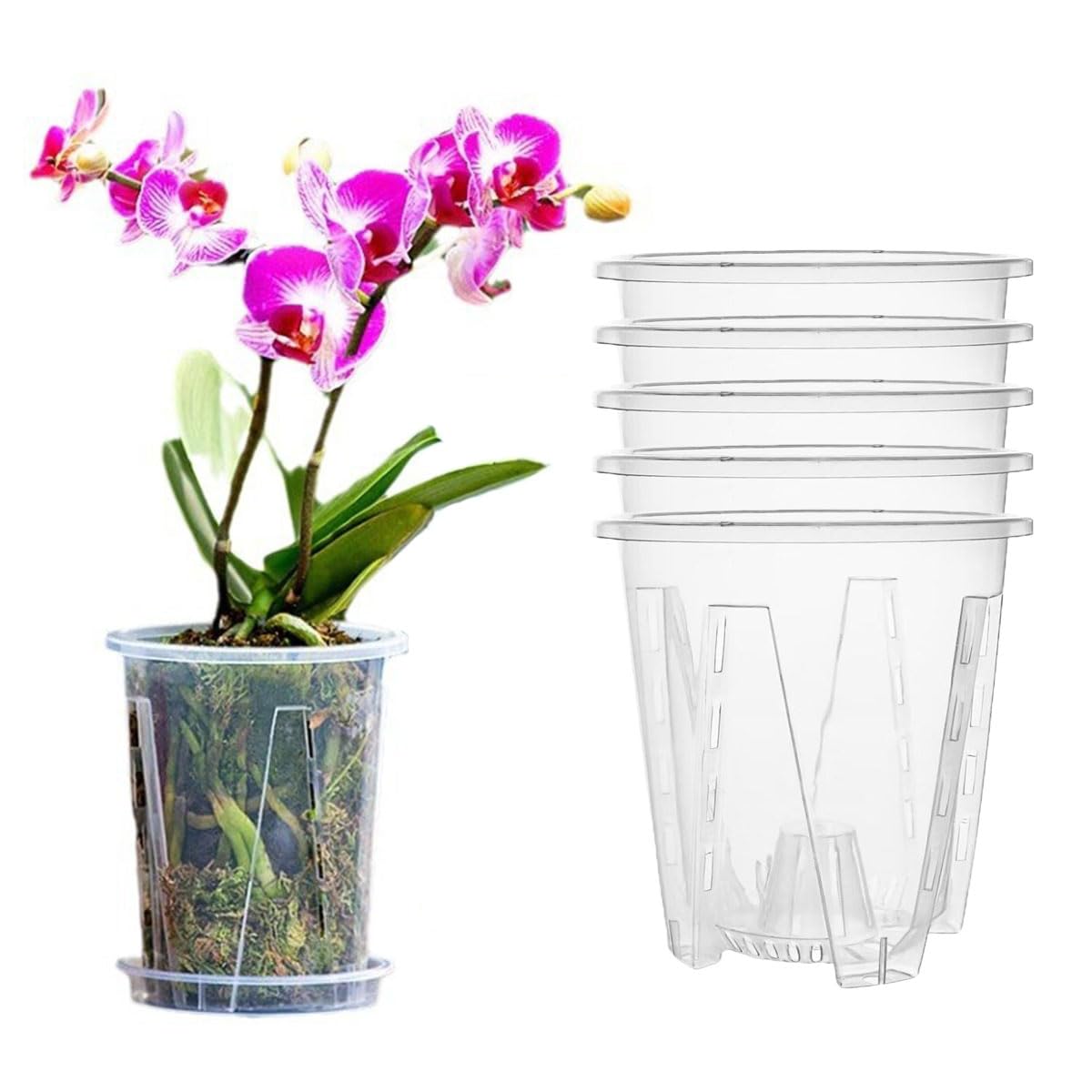 5 Pack Transparent Plastic Garden Pots Clear Orchid Pots with Holes and Saucers for Repotting Breathable Slotted Plastic Orchid Planters with Drainage for Indoor Outdoor Plants and Flowers (4 inch)