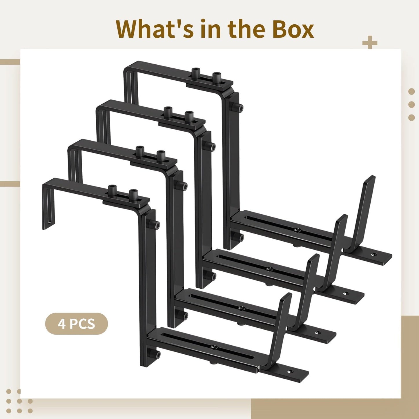 4 Pcs Adjustable Flower Box Brackets, Plant Holders for Deck Railings, Heavy-Duty Iron with Rustproof Black Coating, Easy Setup, Fits 2-7 in Wide Railings, 5.9-12.6 in Pots
