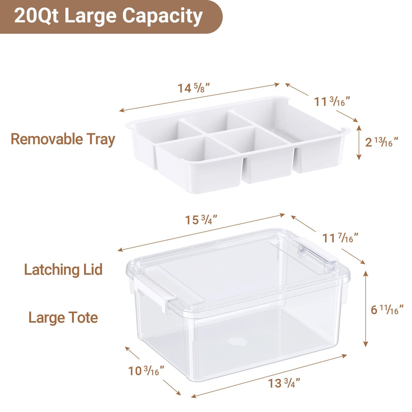 HOMETUK 20Qt Stackable Storage Bin with Lid & Tray, Clear Plastic Latching Box Organizer with Divider Portable 5Gal Container for Arts & Crafts, Home and Car Trunk Organization, 1Pack
