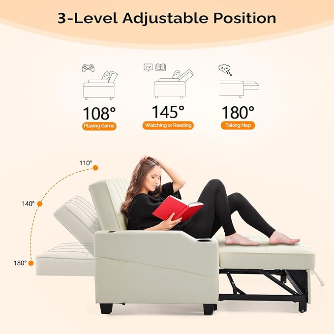 VINGLI Beige Futon Sofa Bed Convertible Loveseat Sleeper Couch, Faux Leather