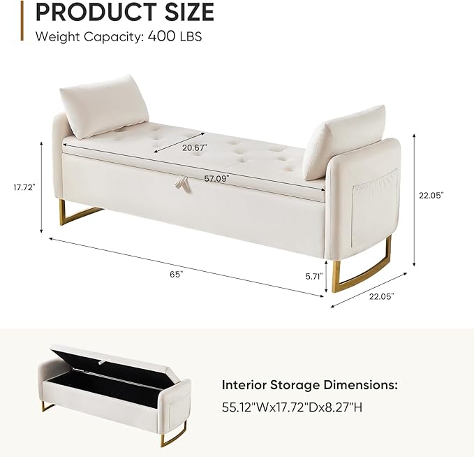 65" End of Bed Storage Bench, Velvet Storage Bench