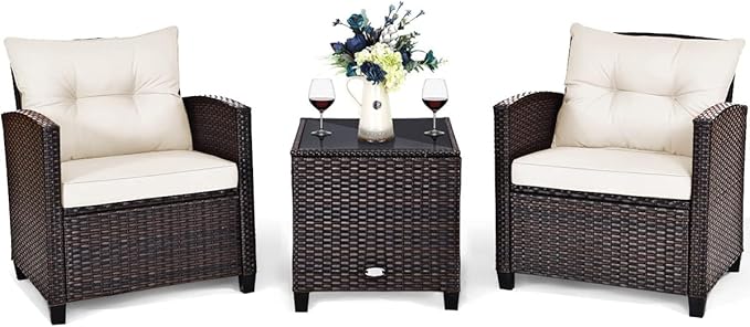 HAPPYGRILL 3 Pieces Patio Conversation Set, Outdoor Furniture Set PE Rattan
