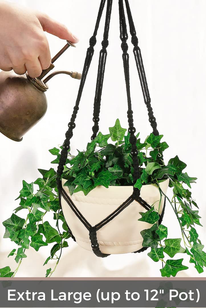 Shineloha 43 Inches Macrame Planter Hanger Large for 12 inch Pot + Swag Hook (Extra Long & Big) | Large Hanging Planter for Indoor Plants | No Tassel, Cotton Rope, NO Pot/Plant Included (Black)(XL)