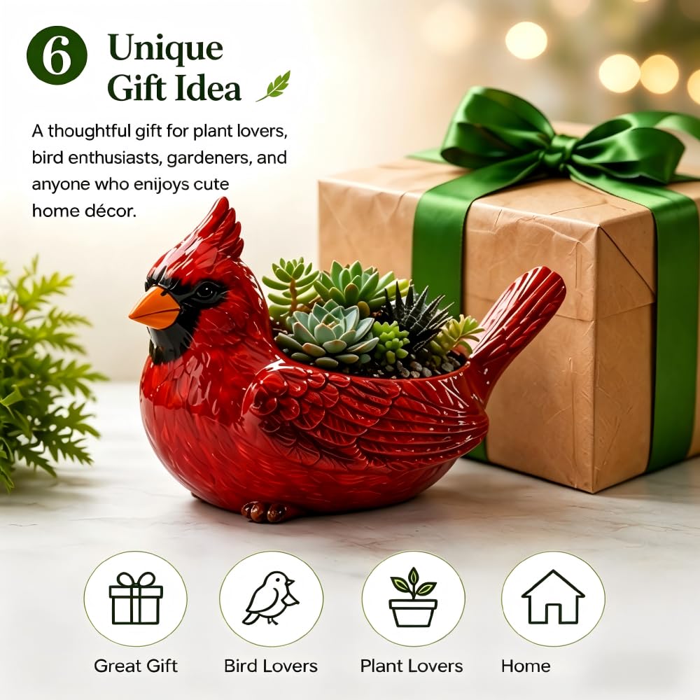 Cardinal Bird Succulent Planter, Red Resin Decorative Flower Pot with Drainage Hole, Cute Bird Plant Pot for Indoor Outdoor Plants, Animal Planter for Desk, Garden, Windowsill, Home Decor Gift (Red)