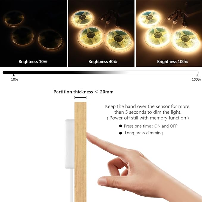 AIMENGTE Cabinet Light 12V COB LED Strip Lights, 6-in-1 Penetrable Touch Dimming