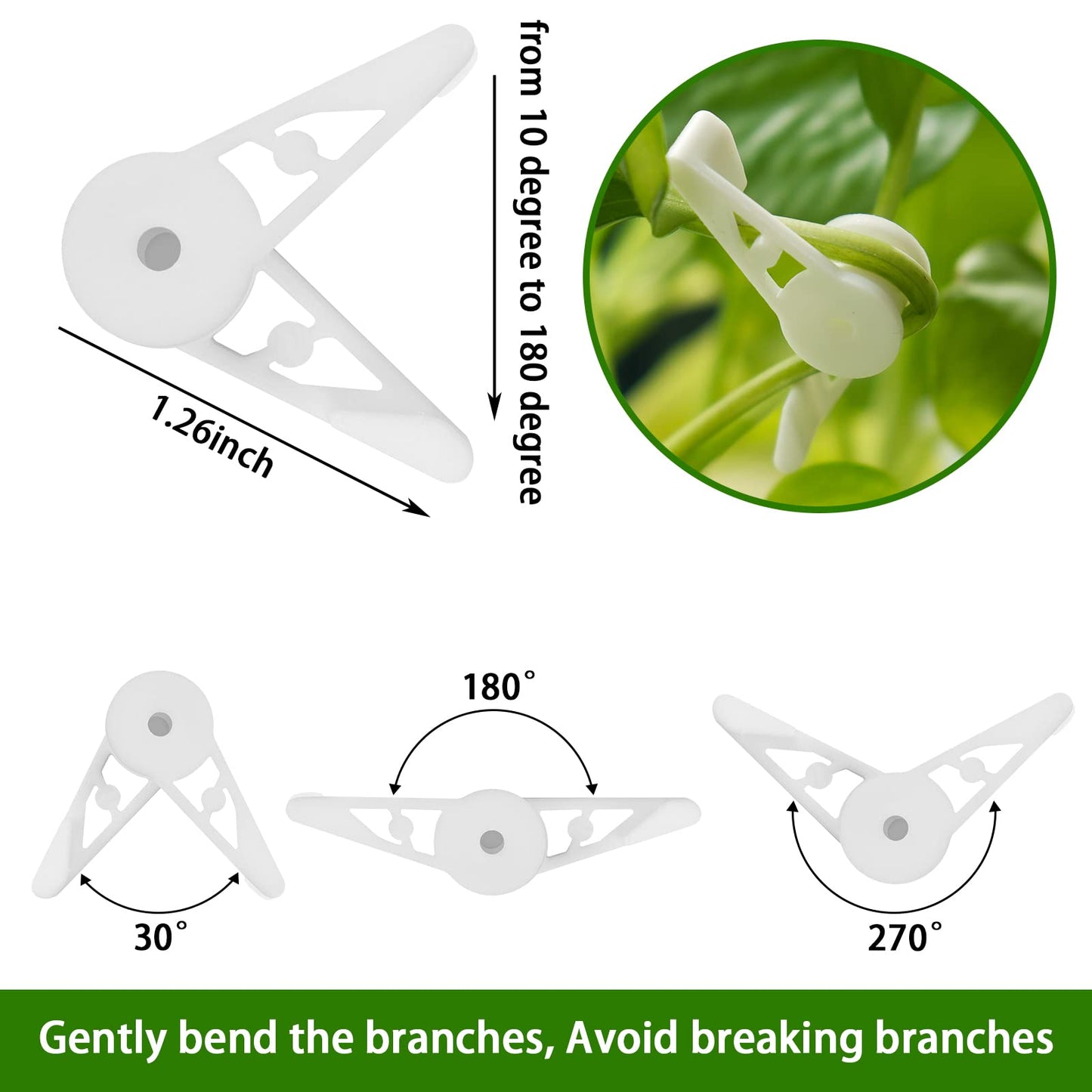 YBB 60 Pcs 360 Degree Adjustable Plant Clips, Plant Branches Bender Stem Trainer Clips for Low Stress Training (Green + White)