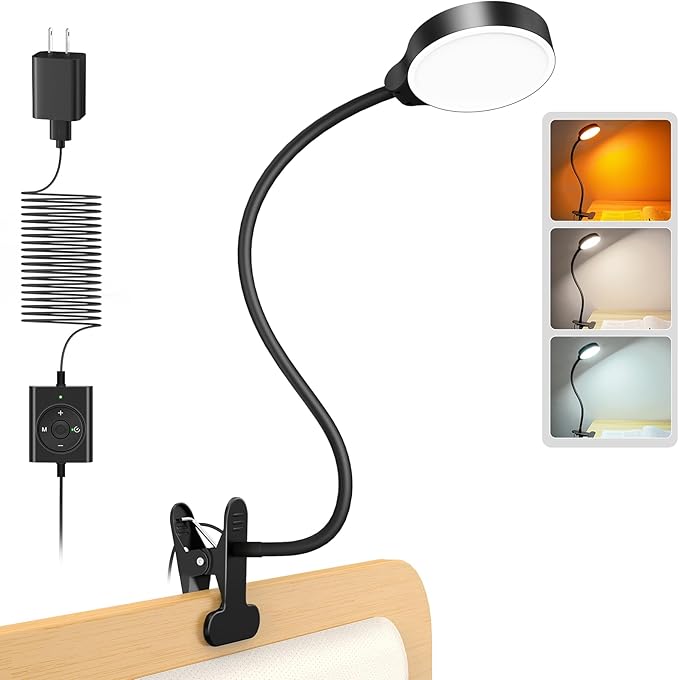 Glocusent 5W 36 LED Reading Clip on Light for Bed, Eye Caring Bed Lamp, 3 Colors & 5 Brightness Levels for Headboard with Adapter, Perfect for Reading, Working & Studying (Black)