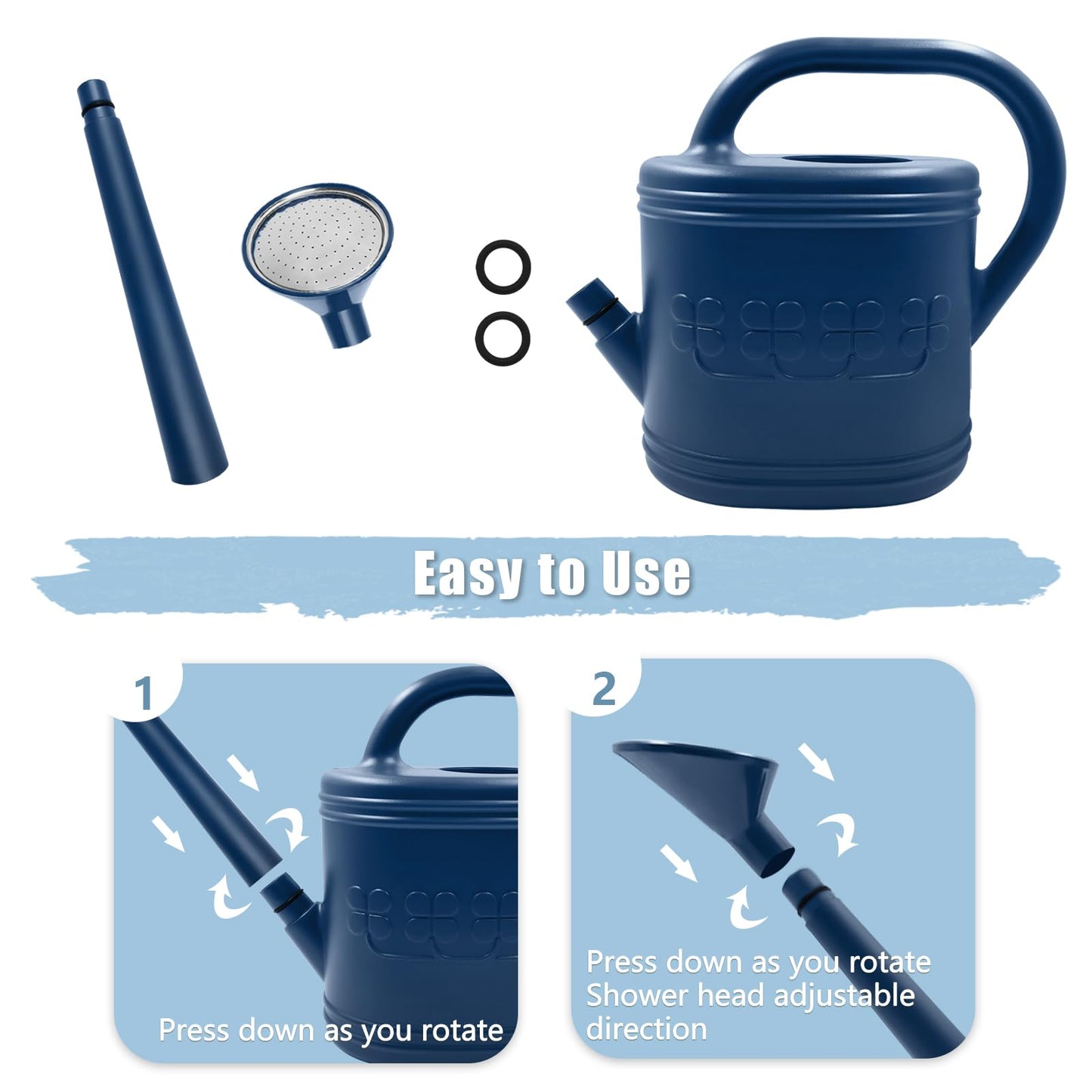Watering Can for Indoor & Outdoor Plants, Plant Watering Can with Stainless Steel Shower Head, 1 Gallon Plastic Watering Can for Garden, Flowers, Vegetable, Greenhouse (Dark Blue, 1 Gallon)