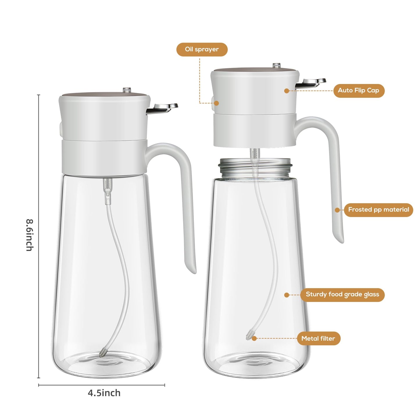 hoforife Glass Olive Oil Dispenser Bottle & Oil Sprayer Bottle 2 In 1 for Kitchen Cooking, Auto Flip Cap, 18oz White