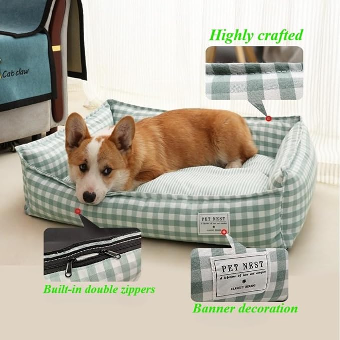 Orthopedic Rectangle Dog Bed for Medium Small Dogs, Plaid Plush Modern Puppy Sofa Bed with Anti-Slip Bottom, Cute Calming Pet Bed(Green,Large)