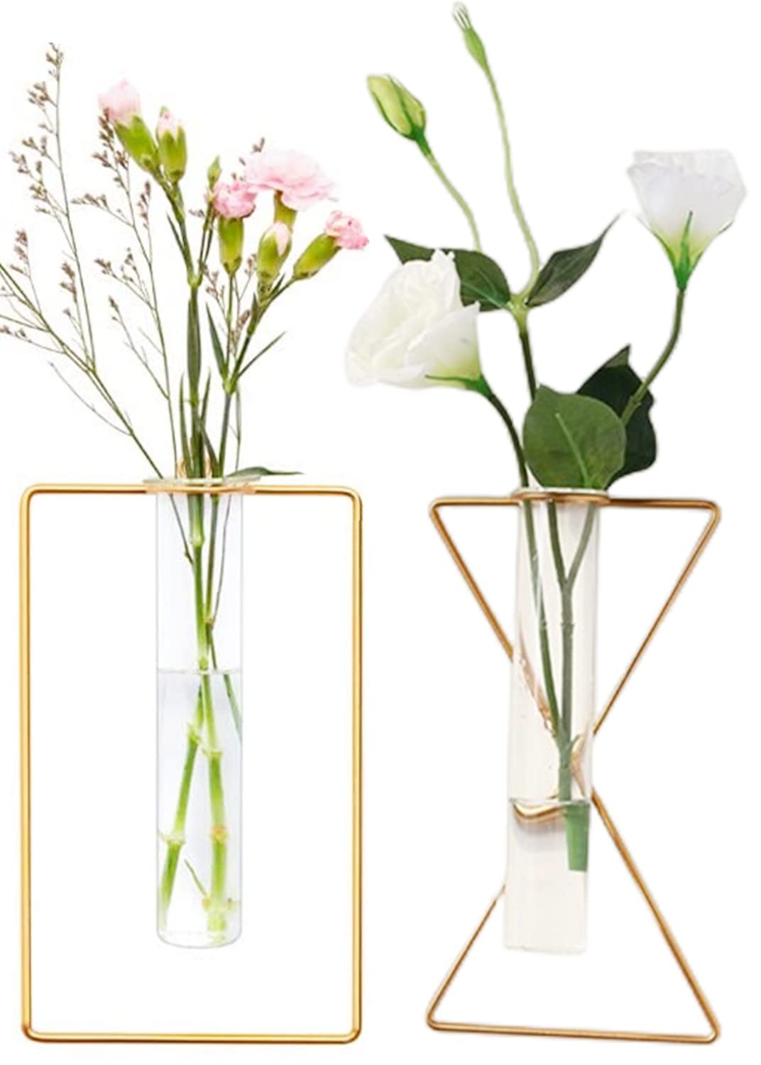 yaocoral 2 Pack Nordic Wall Vase Hanging Geometric Gold Flower Vase Wall Mount Metal Frame Vases Hydroponic Glass Bud Vase Decor for Home Wedding Farmhouse