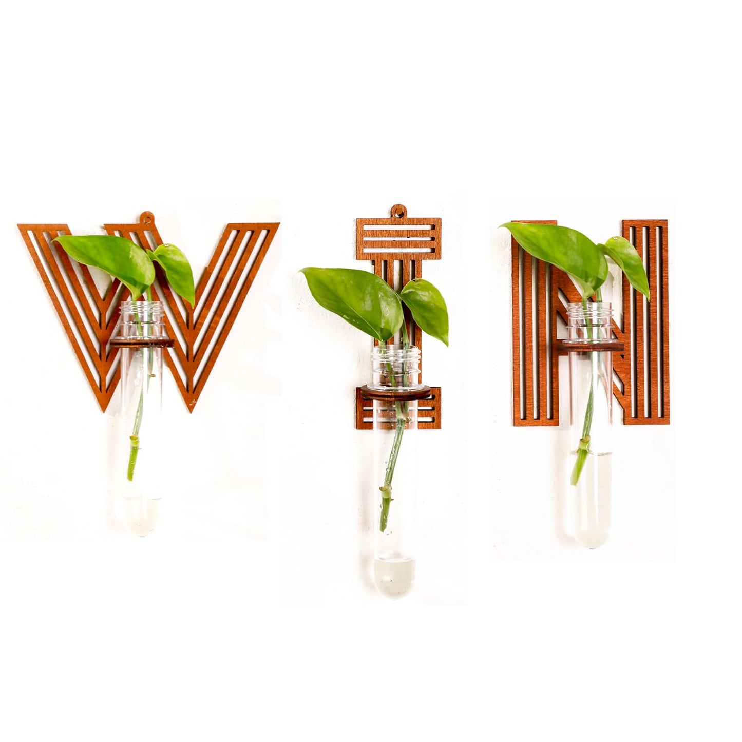Win Letter Wall Propagation Planters Test Tubes Wall Decor for Hanging Plants Clear Water Plant Vase Brown Wood Upletter Alphabet Functional Art Boho Set of 3