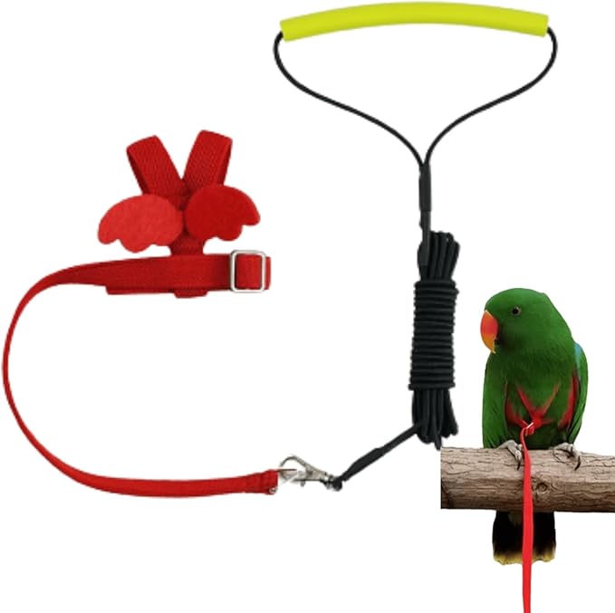 Pet Parrot Bird Harness and Leash, Adjustable Training Design Anti-Bite, Bird Nylon Rope with Cute Wing for Lovebird Budgie African Grey Macaw Conure (Red,L)