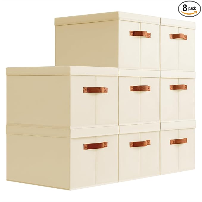Homsorout Storage Bins with Lids - Large Fabric Closet Bins with Lid, 8 Pack Clothes Organizers and Storage, Collapsible Stackable Cube Basket for Home, Office, Dorm, Beige