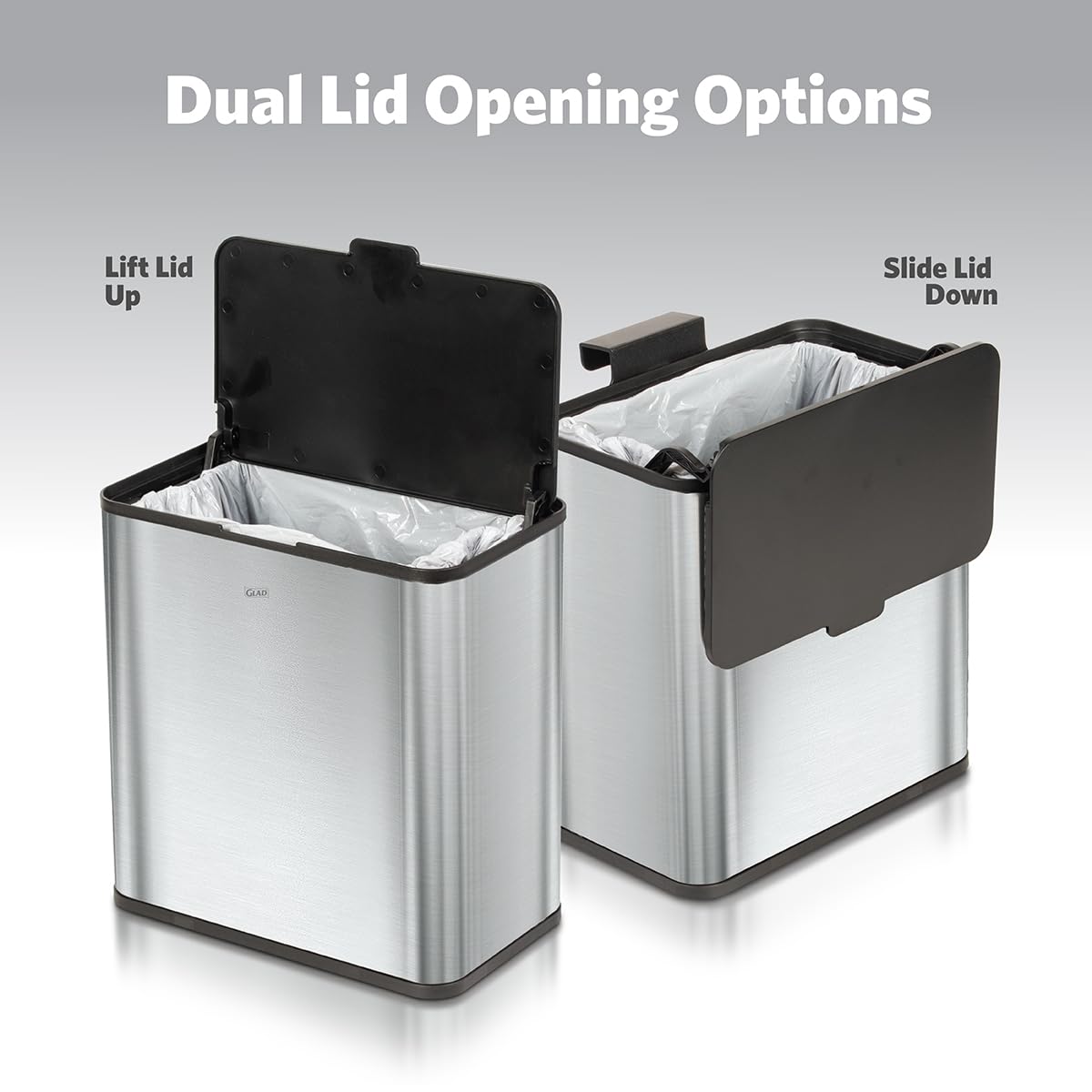 Glad Roomate Stainless Steel Under Counter Waste Bin with Clorox Odor Protection | Space Saving Dual Lid Small Trash Can for Kitchen Cabinet, Bathroom or Office, 1.5 Gallon (6L)