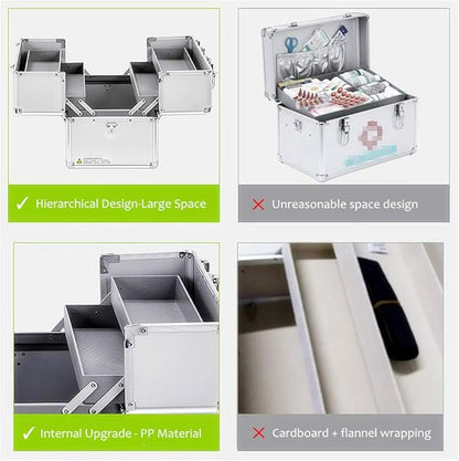 Nurth First Aid Kit Lockable First Aid Box Security Lock Medicine Storage Box with Portable Handle,Medication Lock Box 3 Tier Design/Precription Storage Box Large Space 14 × 9.8 × 11inch (Silver)