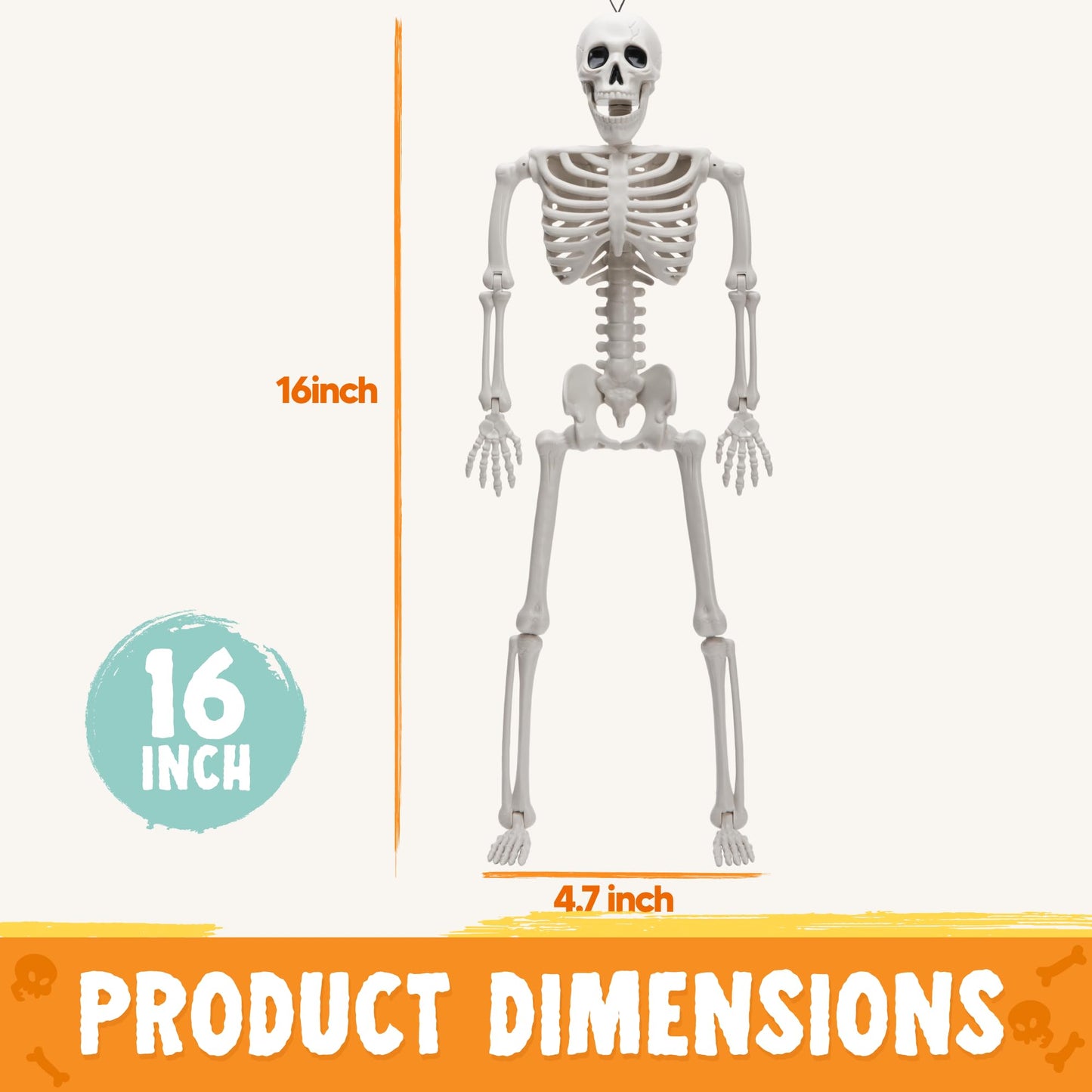 JOYIN 6 PCS 16" Halloween Skeleton Decor, Full Body Posable Movable Joints, Hanging Skeletons for Halloween Decoration Indoor Outdoor, Graveyard Haunted House Prop, Spooky Scene Party Favor
