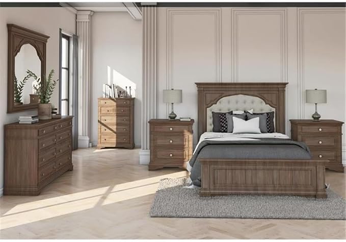 Pemberly Row King Panel Bed, Driftwood Gray Wood Frame, Upholstered Button