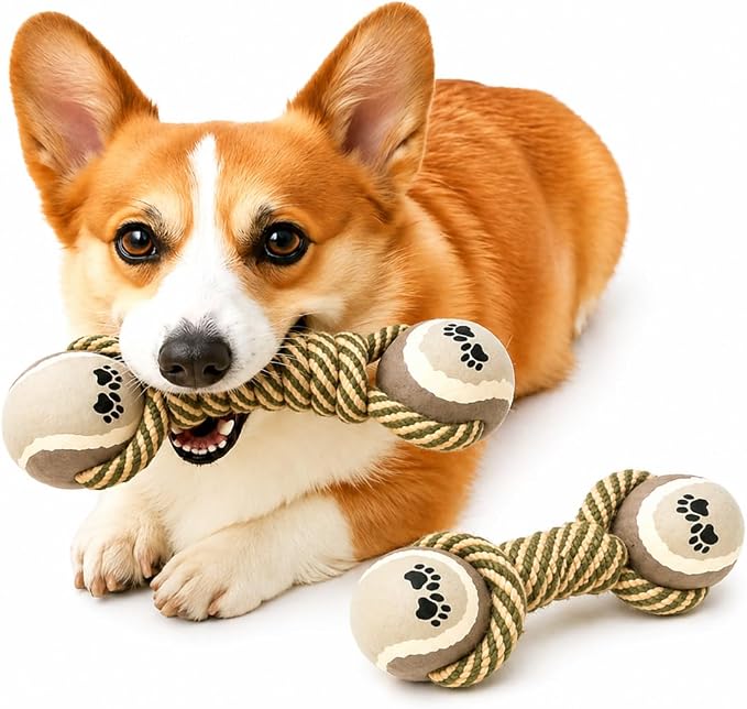 Interactive Rope Dog Chew Toy with Tennis Balls – Durable Cotton Tug & Fetch Toy for Puppies and Small to Large Dogs