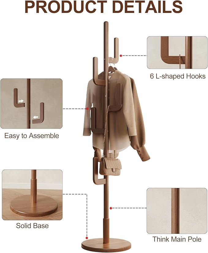 Muwuele Solid Wood Cactus Coat Rack, Freestanding Coat Rack