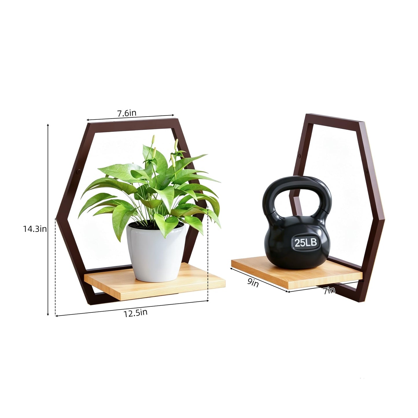 Rioneta 2 Pack Solid Wood & Heavy Duty Metal Wall Plant Stands,9 inch Natural Wood Shelf, Boho Arch Hanging Planter for Indoor 25 LB Load for Plants Coffee