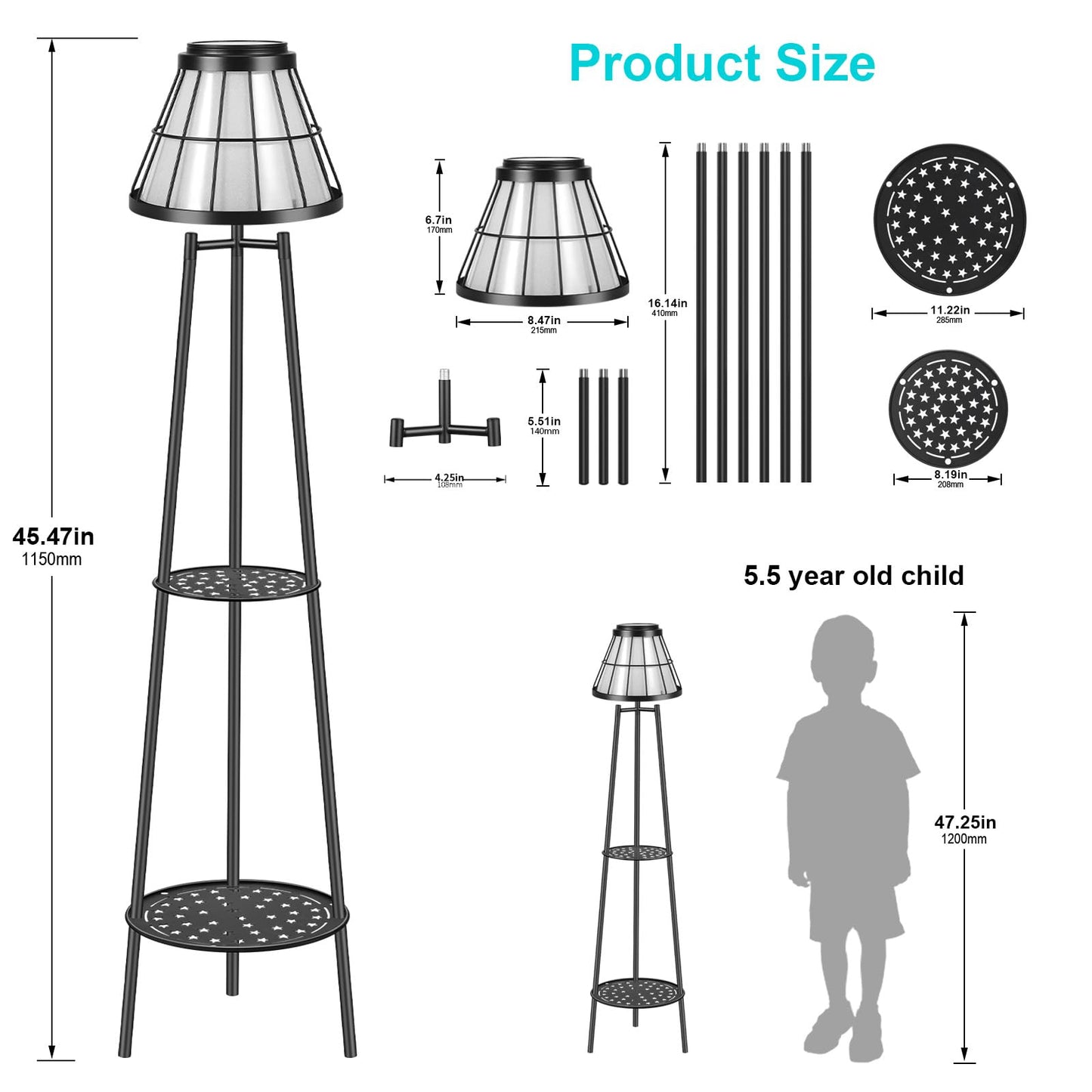 MXwcy 2-Tier Solar Plant Stand with Light, Modern Outdoor Floor Lamp with Classic Grid Lantern, Waterproof Tall Metal Planter Display Rack for Patio, Porch, Balcony, Garden Decor (2 Pack)