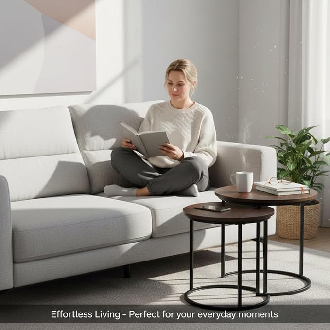 Round Nesting Coffee Table Set of 2, Modern Marble Pattern Wooden Nesting Tables