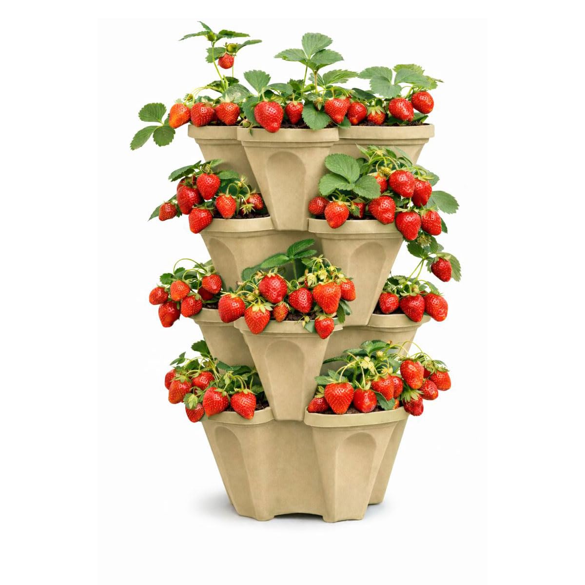smart spring Large Vertical Planter Tower, 4 Tier Stackable Garden Planter, 28 Plant Sites, Heavy Duty Strawberry Planter, Vertical Growing System with Center Hole, Made in USA (Desert Sand)
