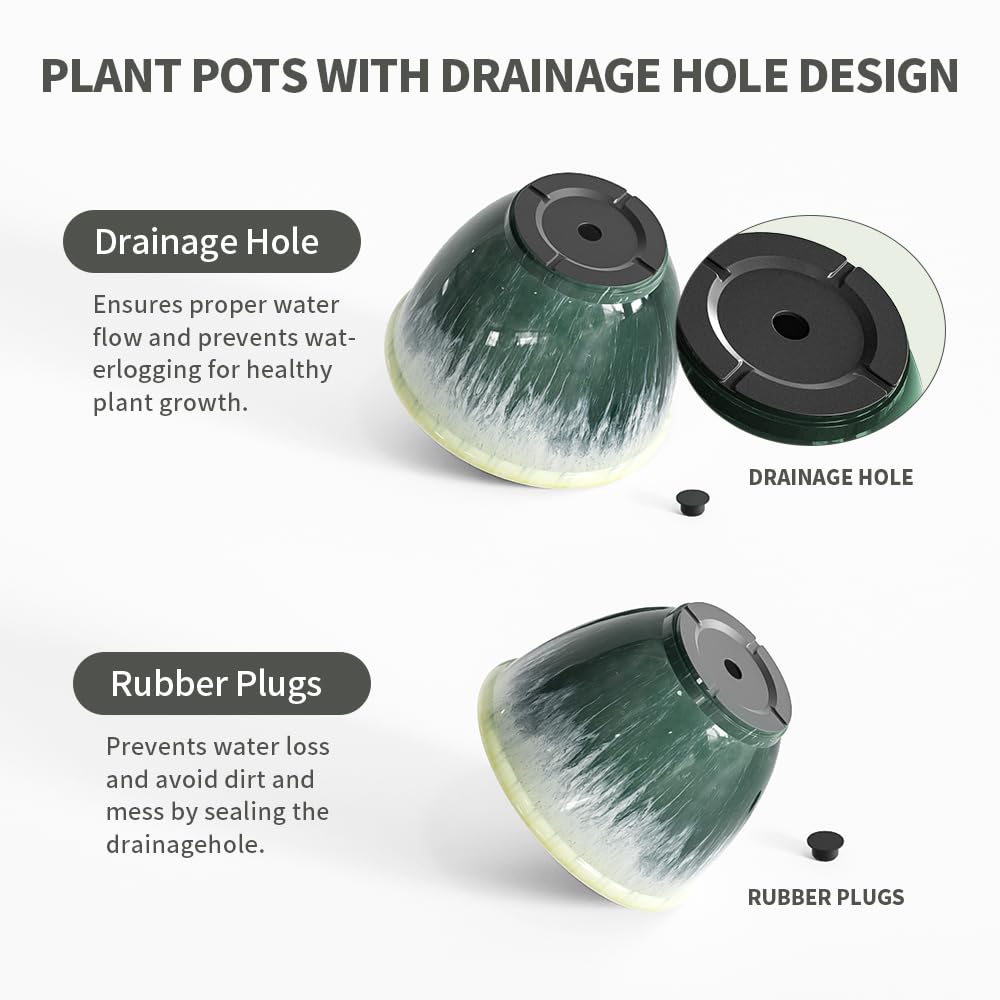 Flower Pots, 8 Inch Plastic Plant Pots for Plants, Set of 4 Planter for Indoor Outdoor Plants with Drainage Hole, Sleek Small Nursery Planting Pot for Home Garden Outdoor Planters(Green Glaze)