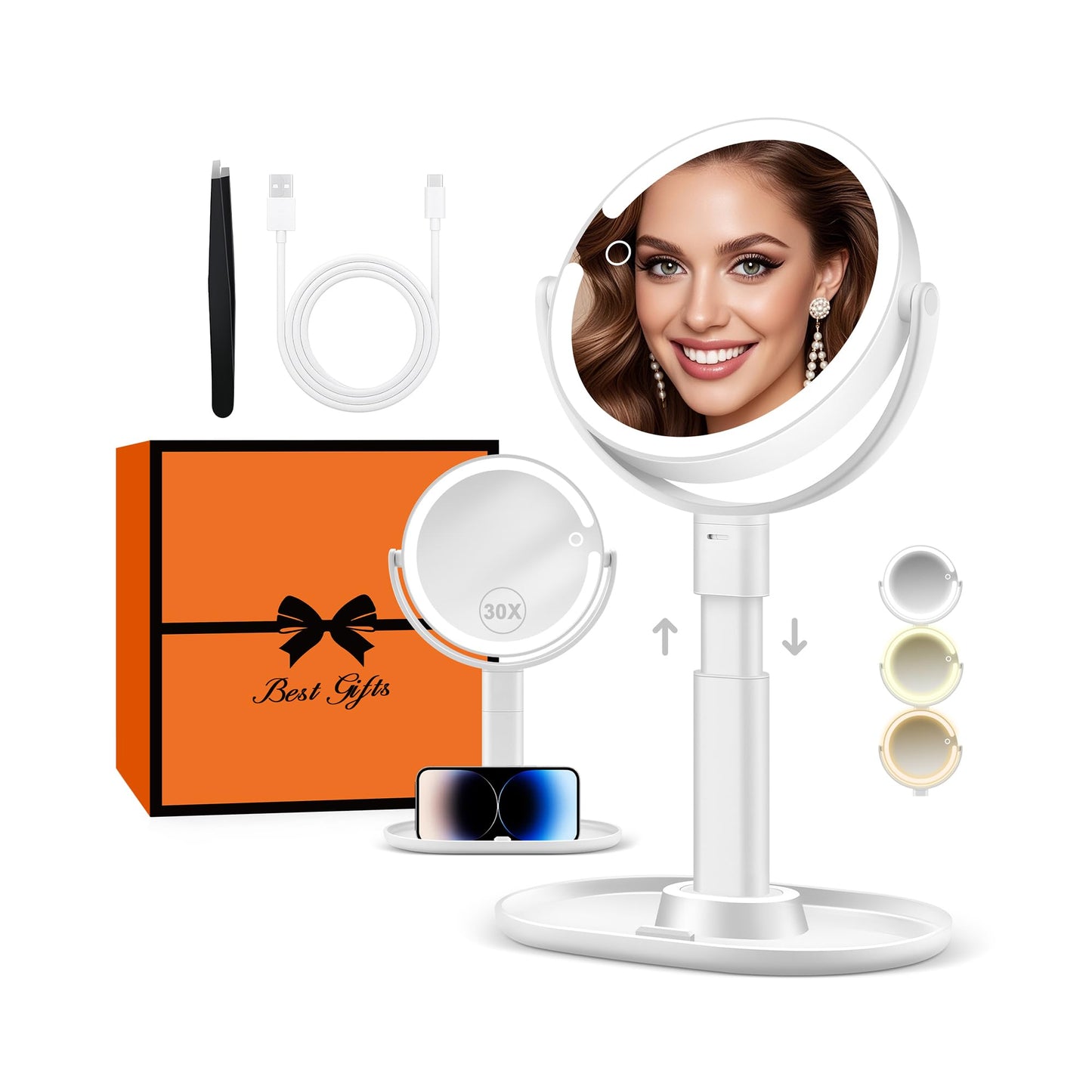 B Beauty Planet Makeup Mirror with Lights, Lighted Magnifying Mirror 30X with 3 Lighting and Adjustable Brightness, 2-Sided Height Adjustable Vanity Mirror for Bathroom, Gifts for Women White
