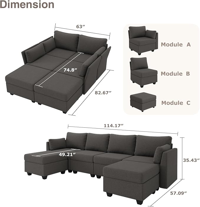Huatean Home 114.17" Modular Sectional Sofa, 6 Seat Modular Couch