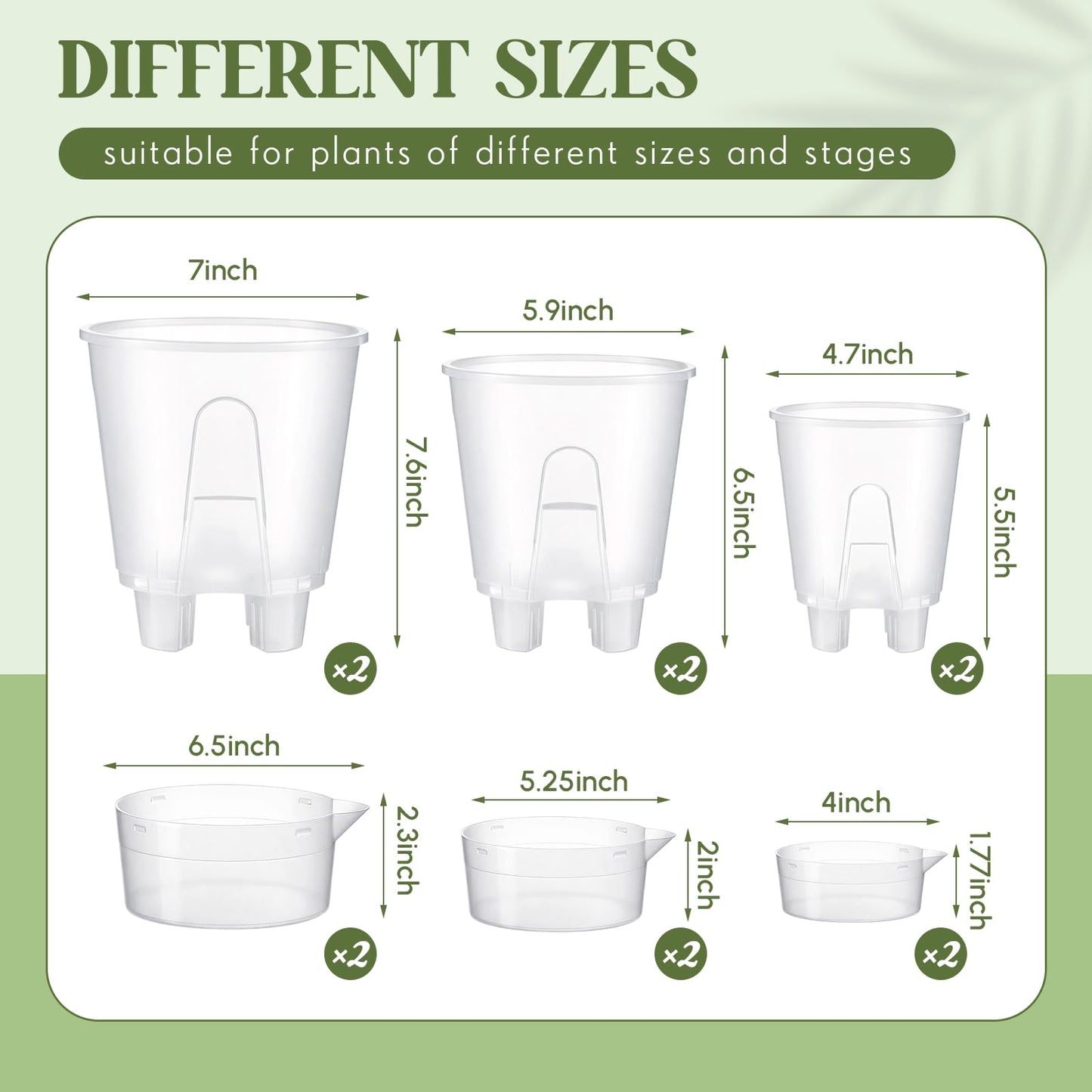 Wonderjune 6 Pcs Self Watering Plant Pots, 4.72''/ 5.91''/ 7.09'' Nursery Pots with Deep Reservoir & High Drainage Holes for Outdoor Plants and Flowers, Bare Root Planter(Clear)