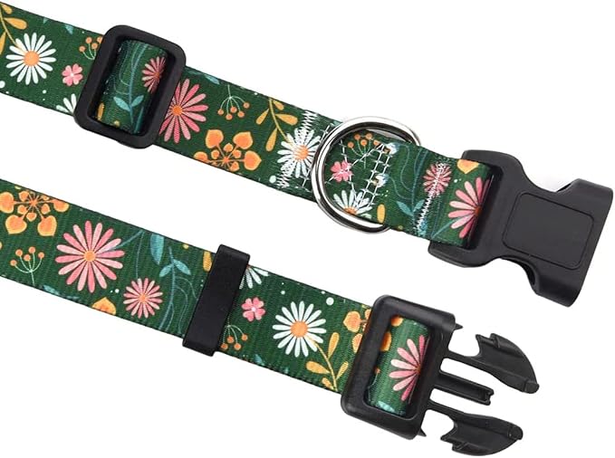 Mihqy Dog Collar with Bohemia Floral Tribal Geometric Patterns - Soft Ethnic Style Collar Adjustable for Small Medium Large Dogs(Dark Green Flower,XS)