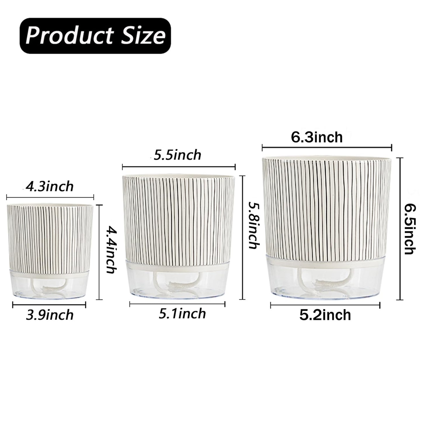 XKYQSY 3 Pack 4.3+5.5+6.3 Inch Self Watering Pots Set, Self Watering Planter with Reservoir and Wick Rope for Indoor/Outdoor Plants, Modern Houseplants Pots for African Violets,Cactus,Succulents