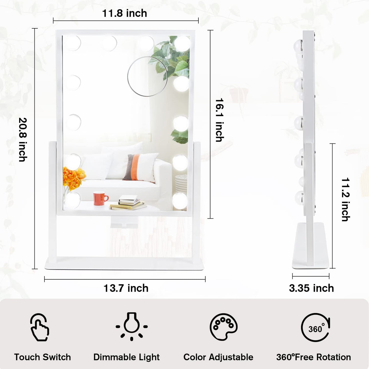 Lighted Makeup Mirror Hollywood Mirror Vanity Mirror with Lights, Touch Control Design 3 Colors Dimable LED Bulbs, Detachable 10X Magnification, 360°Rotation, (White) 12" L x 14" W