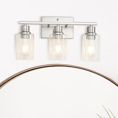 Brushed Nickel Wall Sconces,3-Lights Bathroom Vanity Light Fixtures with Clear Glass Shades, Farmhouse Modern Wall Lighting for Mirror,Bedroom,Living Room