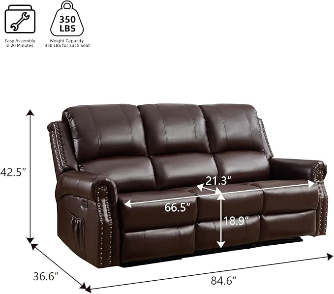 EBELLO Power Reclining Sofa for Living Room, Faux Leather 3 Seater Reclining