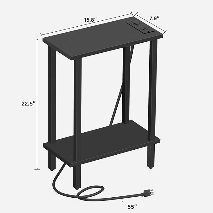 TUTOTAK Small End Table with Charging Station, Narrow Side Table with USB Ports