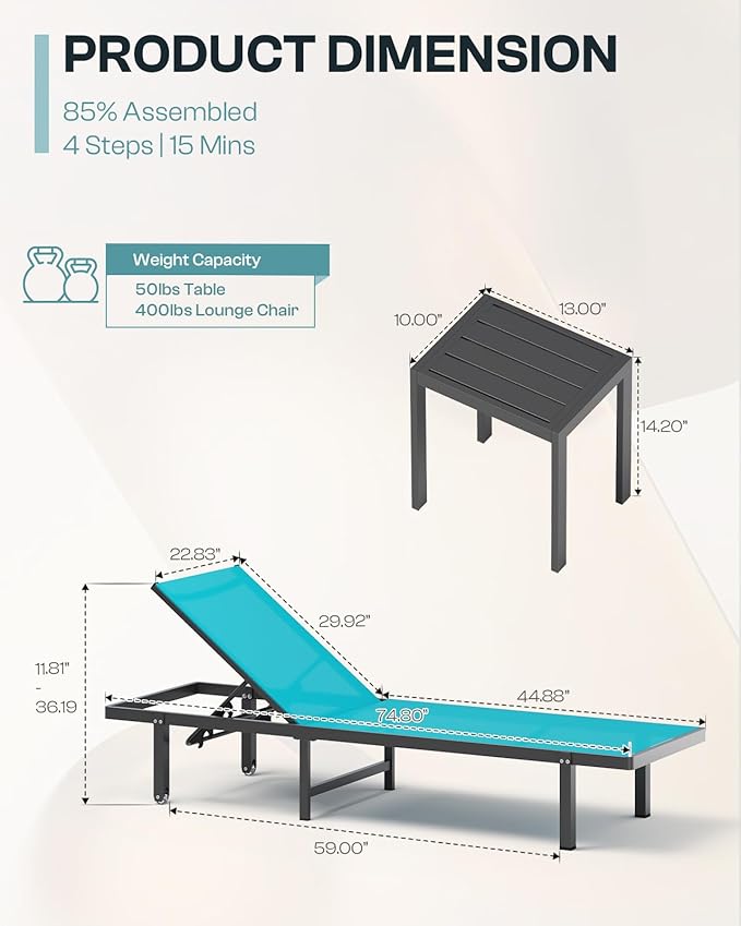 Lounge Chair Outdoor with Wheels, Aluminum Patio Chaise Lounge Chair with 5