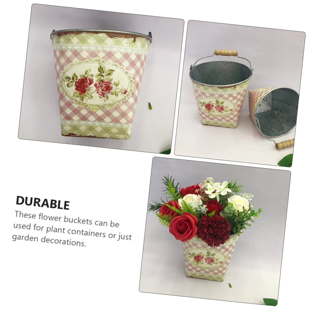 Parliky 2 Pack Metal Flower Buckets with Handle 5.7 Inch Rustic Iron Planters for Garden Patio Balcony Floral Arrangement Containers