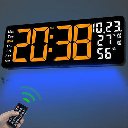 JoFomp 17.3" Large Digital Wall Clock, LED Digital Clock Large Display with Remote Control, Alarm Clock with Temp/DST/Dimmer/Humidity/Timer/Ambient Light - 12/24H, Alarm Wall Clock for Bedroom