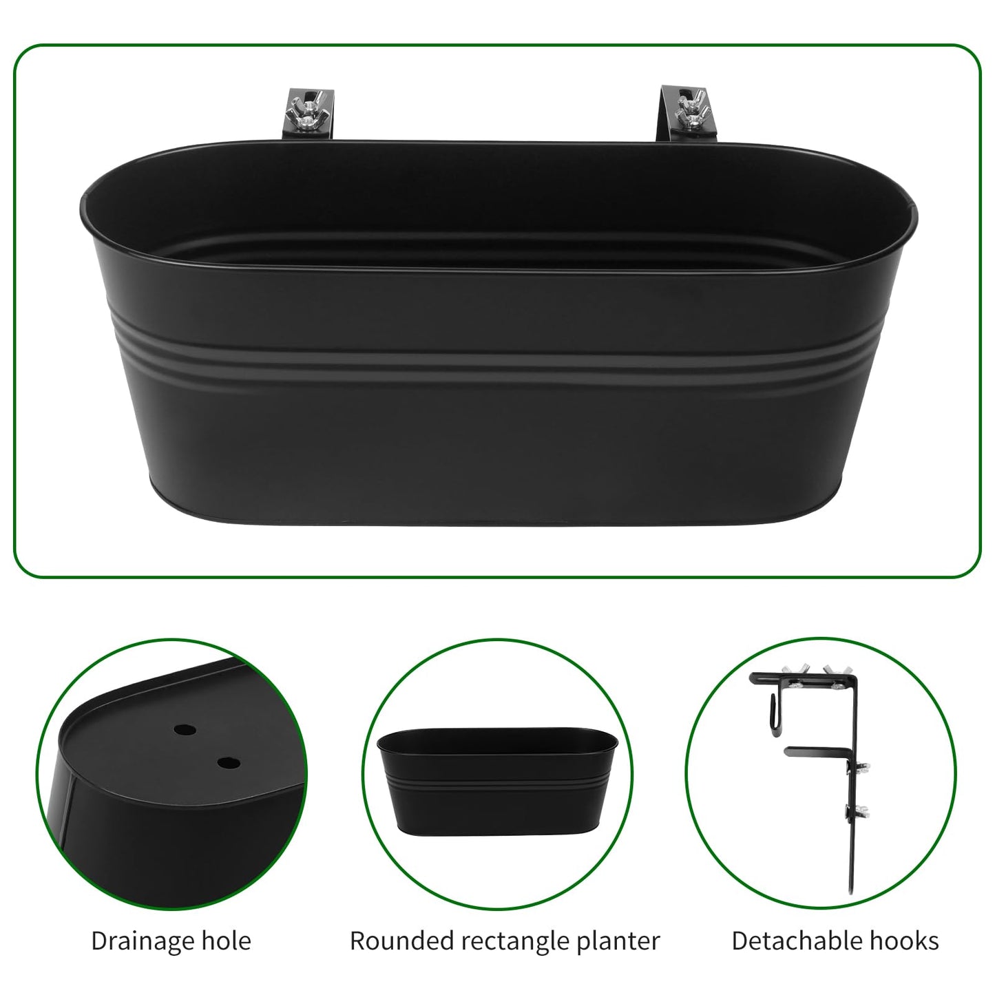 Holensun Railing Planter Box 16 Inch Metal Balcony Planters with Adjustable Brackets and Drainage Window Balcony Fence Deck Hanging Flower Pots for Outdoor Plants Apartment Patio Decor Black(4PCS)