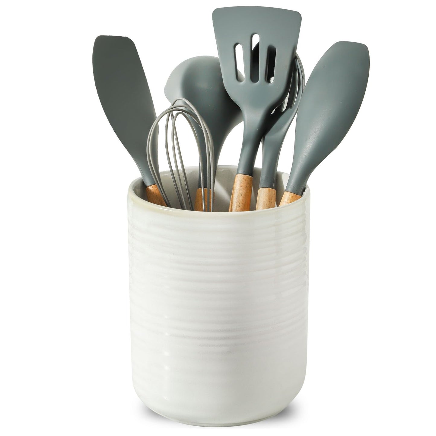 HASENSE Large Utensil Holder, 7.4" x 6.2" Ceramic Utensil Holder for Kitchen Counter, Utensil Oganizer for Utensil Set, Farmhouse Cooking Utensil Crock for Kitchen Decor, Clay-Infused White