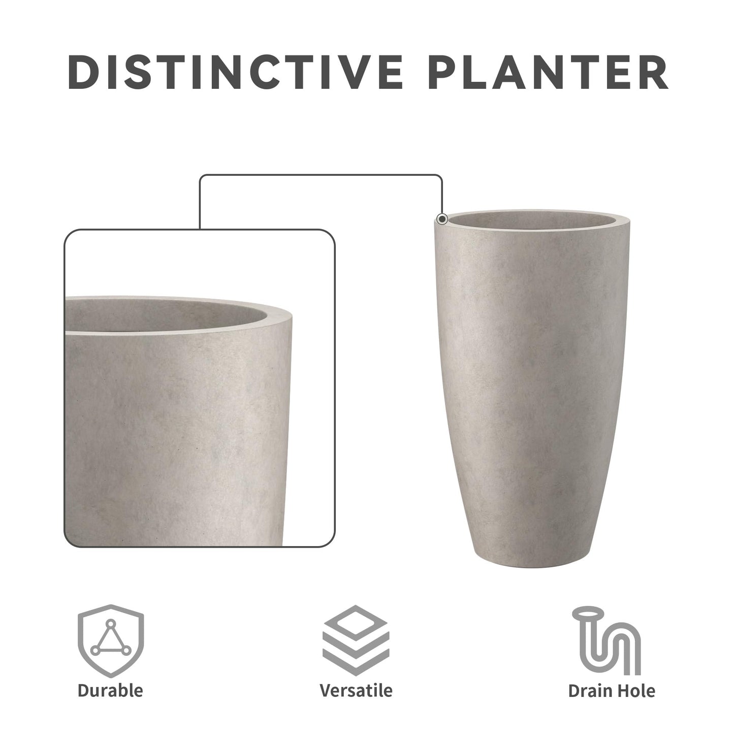 Kante 23.6" H Weathered Concrete Finish Concrete Tall Planters Large Outdoor Indoor Decorative Plant Pots with Drainage Hole and Rubber Plug, Modern Tapered Style for Home and Garden