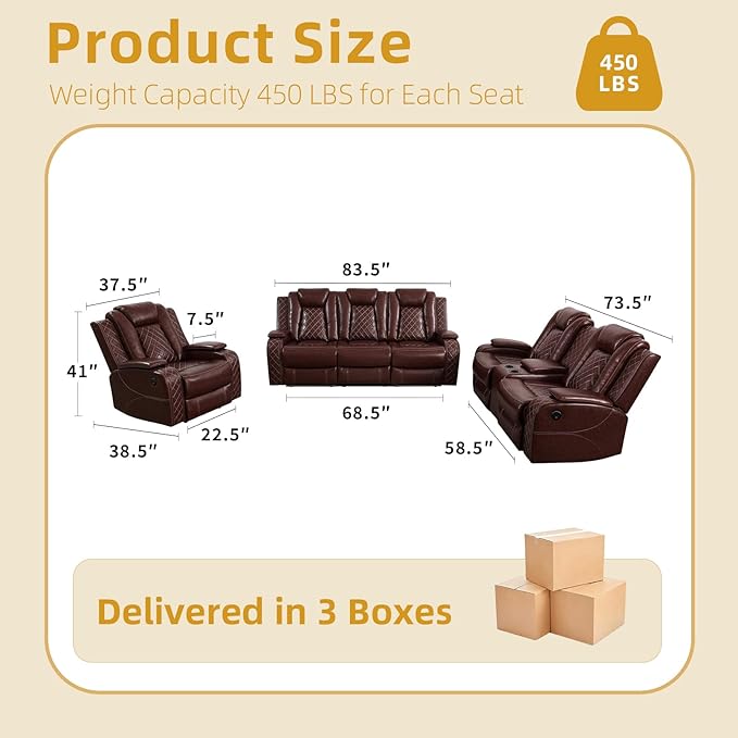 3-Piece Leather Power Recliner Sofa Set