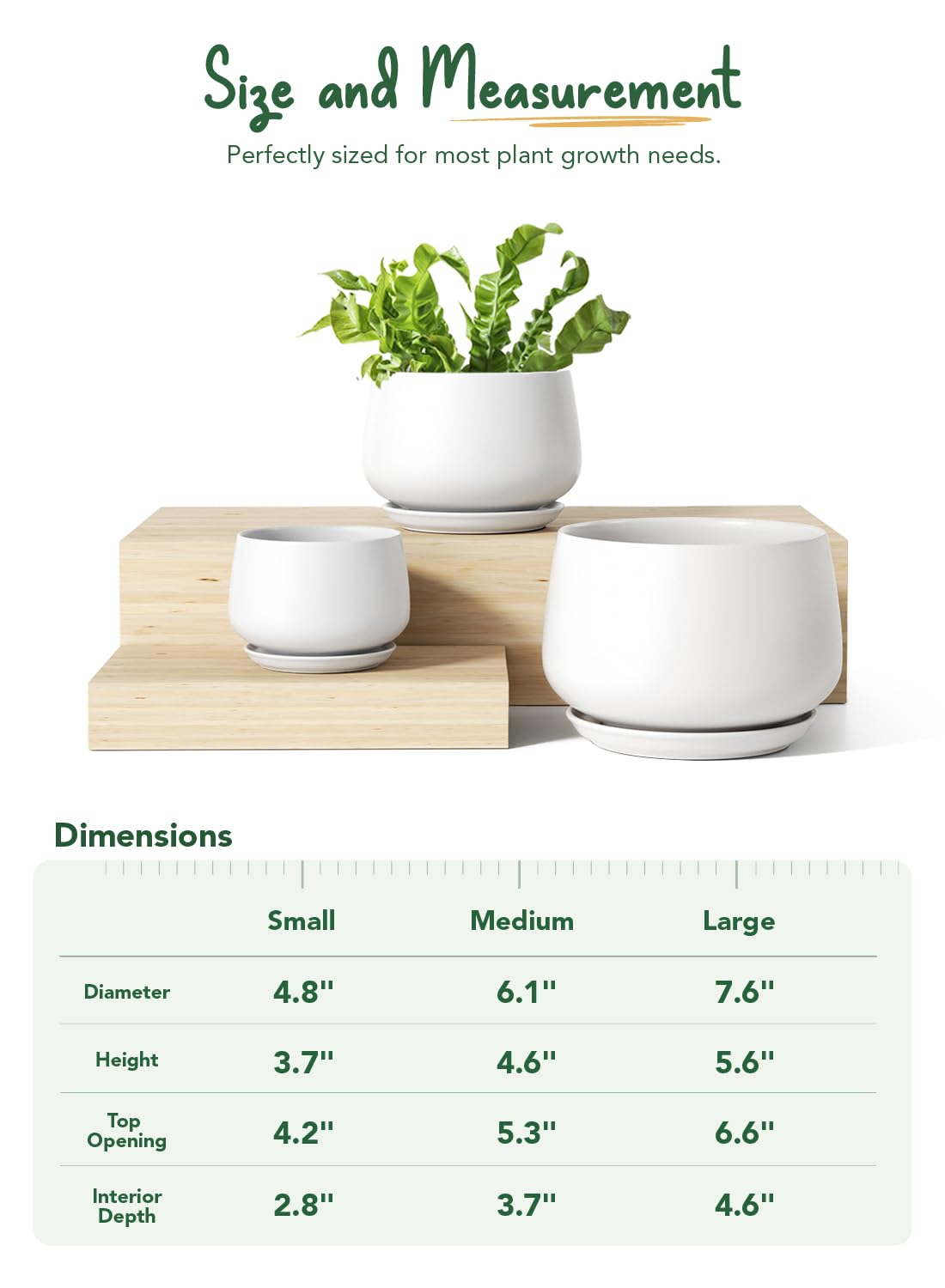 LE TAUCI Ceramic Plant Pots, 4.1+5.1+6.5 inch, Set of 3, Planters with Drainage Hole and Saucer, Indoor Flower Pot with Hole Mesh Pad, Gifts for Mom, White